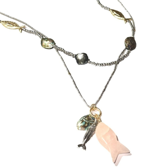CHICO’S Convertible Two-Tone Abalone & Pink Quartz Fish Beaded Necklace Set-NWT - Picture 11 of 13